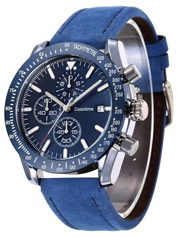 Casotime Orologio Cronografo Uomo in Pelle - Impermeabile 30M, Quarzo Analogico con Data, Quadrante Grande - Classico ed Elegante per Tutti i Giorni, Lavoro & Sport - Regalo Elegante per Uomini