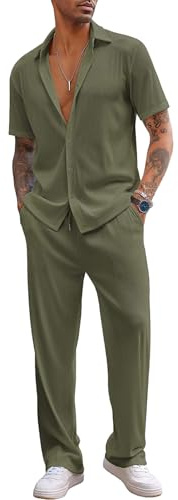 Jamron Uomo 2 Pezzi Completi Camicia e Pantaloni Abbigliamento Estivo Casual (Più Grande dello Standard) Verde SN0703192 XL