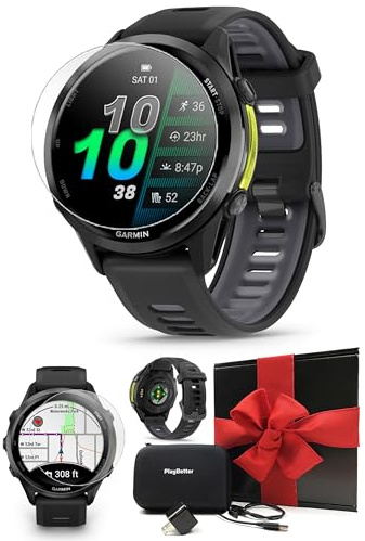 PlayBetter Garmin Forerunner 970 (Carbon Gray DLC Titanium/Translucent Black) Running & Triathlon GPS Smartwatch Gift Box Bundle - AMOLED, LED Flashlight w HD Screen Protectors, Wall Adapter & Case