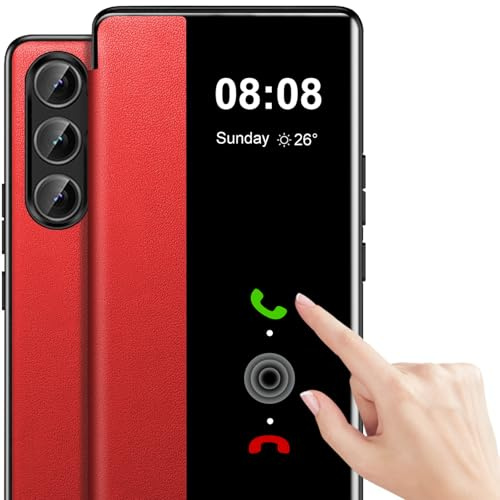 Case for Samsung Galaxy S25 FE Case S View, Clear View Flip Folio PU Leather and TPU inner Phone Case 5G, Anti-Scratch Flip Case Cover (Red)