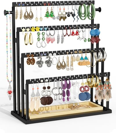 THYGIFTREE Earring Display Stand, 4 Tier Step Jewellery Stand with Tray, 140 Holes Earring Storage Organiser, Jewellery Tree for Stud Earrings, Hoop Earrings and Pendants