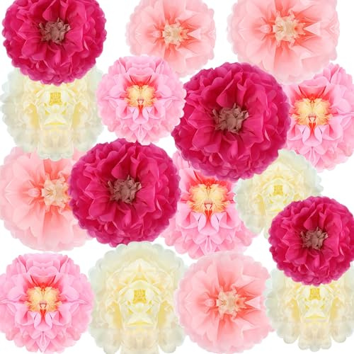 16 Piezas Flower Decorations Paper, Pompones de Papel de Seda para Colgar Flores de Papel para Bodas, Baby Showers, Bautizos, Cumpleaños, Comuniones, Decoración de Fiestas