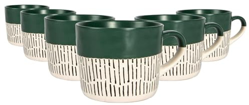 Nicola Spring Ceramic Coffee Mugs Set - 475ml - 6pc Sage Dipped Dash Stoneware Coffee Cups Dishwasher & Microwave Safe Large Tea Mugs for Hot Drinks, Hot Chocolate, Tea