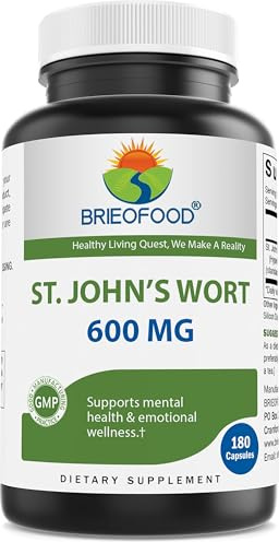 Brieofood St. John's Wort (Hypericum perforatum) 600 mg per Serving - 0.3% Standardized Extract - 180 Capsules - Promotes Positive Mood