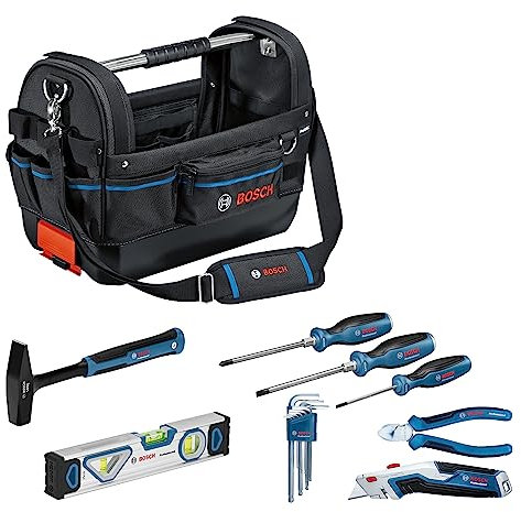 Bosch Professional Combo Kit: Werkzeugtasche GWT 20 + Handwerkzeug-Set (inkl. 3x Schraubendreher, Innensechskantschlüssel-Set 9-teilig, 1x Seitenschneider, 1x Hammer, 1x Wasserwaage 25 cm, 1x Messer)