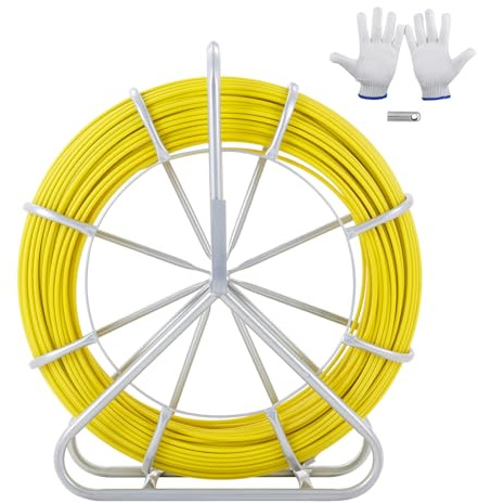VEVOR Kabeleinziehhilfe, 182,88 m, 7,9 mm Einziehspirale Kabellaufstange mit Stahlrollenständer, 3 Zugköpfe, Angelwerkzeuge für Wände und elektrische Leitungen, nicht leitend