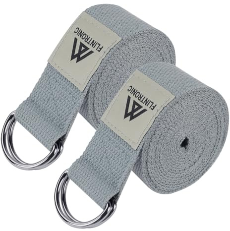 Flintronic Yoga Cinturon, 2 PCS Natural Correa Yoga Algodon, con Hebilla Metal D-Anillos, para Principiantes y avanzados, Ejercicios de Estiramiento, Fitness, Pilates - Gris (250 x 3.8 cm)