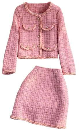Ensemble deux pièces pour femme avec veste et mini jupe en tweed à carreaux pour l'automne et l'hiver - Ensemble vintage court et jupe taille haute