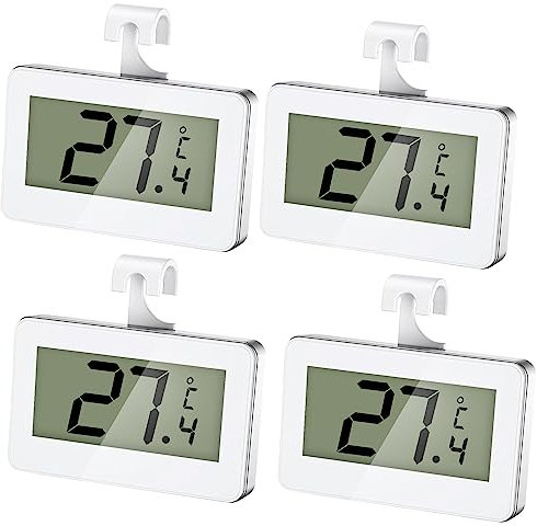 4 Stück Digitale Kühlschrank Thermometer, Weiß Kühlschrankthermometer mit LCD-Anzeige, Thermometer mit Frost Alarm, Kühlschrank Thermometer Fridge Thermometer für Küche, Restaurants, Home