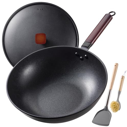Teewe Carbon Steel Wok -13 Inch Woks & Stir-fry Pans Nonstick, Wok Pan with Lid Spatula and Dish Brush: Pre-Seasoned Flat Bottom Chinese Woks for Induction, Electric, Gas, All Stoves