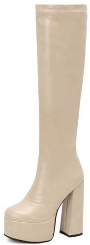 Lizoleor Super Tacón Alto Punta Redonda Plataforma Mujer Botas Largas Cremallera Lateral Tacón Ancho Concise Invierno Largo Botas De Montar Beige Talla 42 EU/44Cn