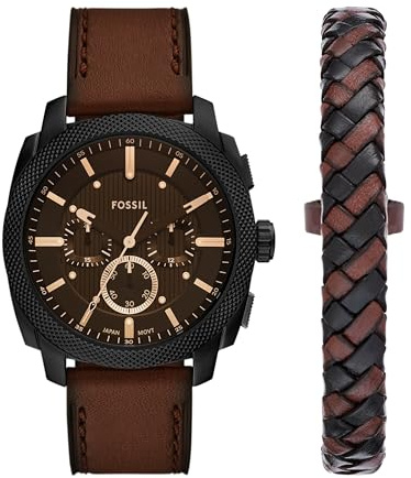 Fossil Men's Watch and Bracelet Set, Machine Brown Leather/Black Gift Set, Bracelet and Watch for Men