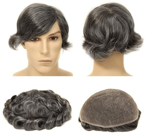 Topunique Mens Swiss Lace Toupee, #1B50 Natural Black with 50% Gray Hair 8x10 Inch Size Single-Knotted Invisible Hairline Remy Human Hair Piece