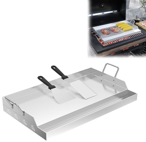 LZQ Plancha de acero inoxidable con asas, 51 x 32 x 7 cm, plancha de acero inoxidable para barbacoas de gas y carbón, superficie de barbacoa, accesorios para barbacoa, incluye espátula y bandeja