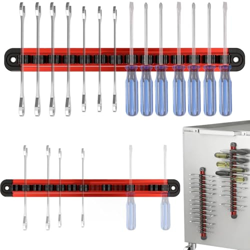 Ezzylife Magnetic Tool Organizer for Screwdrivers & Wrenches - Heavy Duty Aluminum Storage Rail with 14 Adjustable Clips, Sturdy Space-Saving Storage Rack for UK Garage, Workshop & Toolbox (2 PCS)