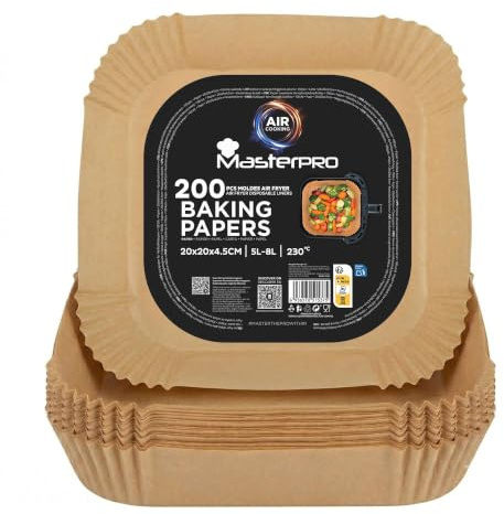 Papel para Freidora de Aire | Pack de 200 Moldes de Papel de Horno Desechable Antiadherente | Compatible con Cosori, Cecotec, Philips| 20x20x4,5cm: Air Fryer de 5 L a 8 L