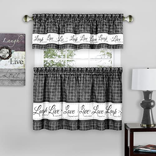 ACHIM Tier and Valance Window Curtain Set - 58 Inch Width, 36 Inch Length - Live, Love, Laugh (Charcoal) - Light Filtering Drapes for Kitchen, Bedroom, Living & Dining Room Home Decor