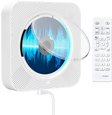 Tragbarer CD Player Bluetooth, Qoosea Wandmontierbar Eingebaute HiFi-Lautsprecher für Kinder, Music Player Heim-Audio-Boombox mit Fernbedienung Licht & Staubschutz FM Radio MP3 Kopfhöreranschluss
