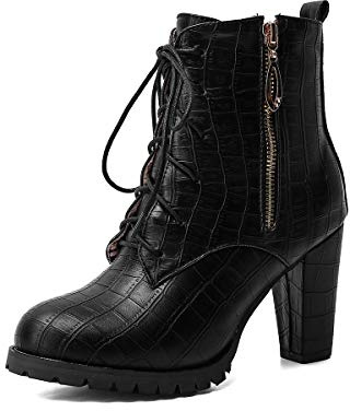 JIEEME syntetiskt mode rund tåblock häl dragkedja snörning hög klack med 9 cm ankelstövlar casual boots för kvinnor stor storlek t76-22, svart, 46 EU