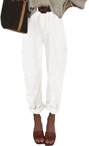 EVALESS Cargo Jeans for Women Casual Baggy High Rise Straight Leg Boyfriend Pants Y2K Trousers Streetwear Pant with Pockets White 14