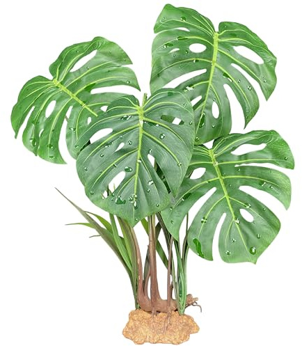Komodo Terrario de reptiles, planta de hoja de Monstera con base pesada | Planta artificial realista extragrande para terrarios y acuarios | 21 pulgadas de alto con hojas de 8 x 7.25 pulgadas
