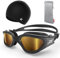ZIONOR Polarisiert Schwimmbrille + Schwimmkappe für Herren und Damen, UV-Schutz Anti Nebel Verstellbar Gurt Komfort Profi Schwimmbrillen (YKY-EU-P-G1S-Licht-Schwarz-KaffeeGold+C5-Schwarz)