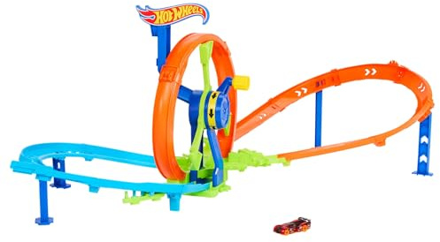 Hot Wheels Toy Car Track Set, Launch and Loop Playset & 1:64 Scale Die-Cast Vehicle, Crash Area on Figure 8 Track with Loop-Kicker Booster, JBX65