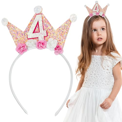 Jaczora 4th Birthday Crown Headband for Women - Princess Tiara Hair Accessory for Girls' Party Decorations - Flower Crown Gift for 4-Year-Old