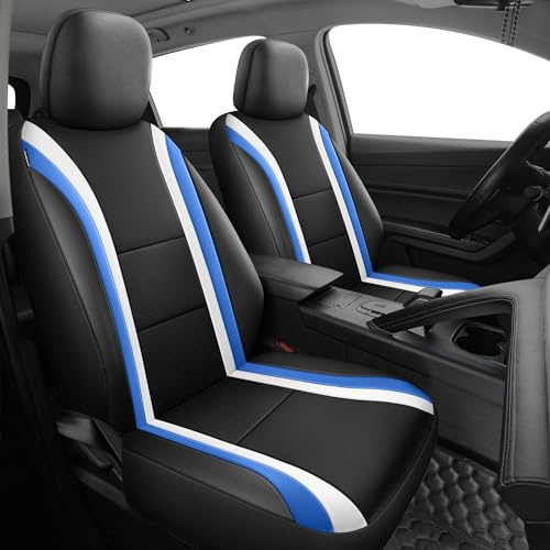 Carseatcover-UK Luxury OLYMPIA Front Car Seat Covers, Black with Blue and White Stripes, PU Leather, Universal Fit, Airbag Compatible | Seat Protector for your car interior | Car Accesories