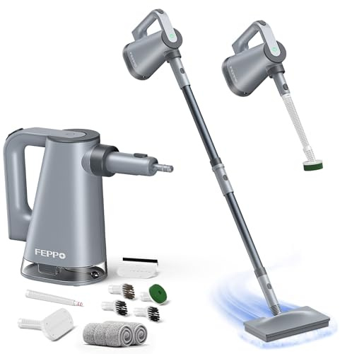 FEPPO - Balai vapeur et nettoyeur vapeur à main amovible pour nettoyage de la maison et des sols, chauffage en 15 secondes, vapeur de sol à 250 °F pour un nettoyage en profondeur avec accessoires