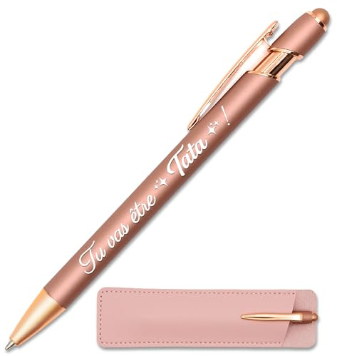 StarMaker Stylo gravé Tu vas être Tata, Rose gold cuivré avec étui cuir - Stylo en métal tactile 2 en 1 - Idée cadeau annonce grossesse, naissance bébé