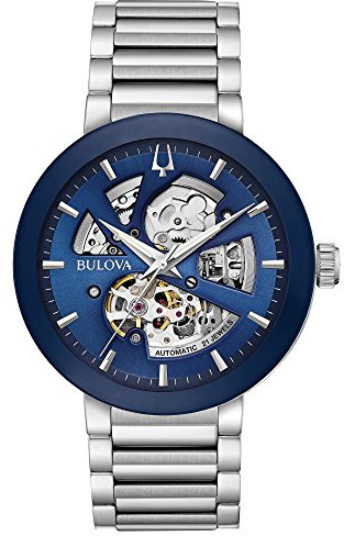 Bulova Men's Modern Stainless Steel 3-Hand Automatic Watch, Blue Skeleton Dial Style: 96A204