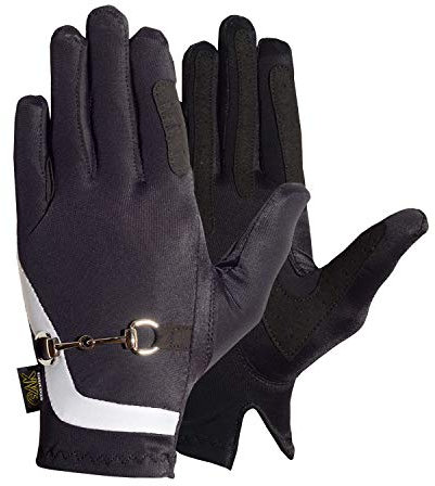AK Horse Riding Gloves Equestrian Damenhandschuhe mit Gebisskette, Laufhandschuhe AKRS-6119 (Schwarz/Silber, M)