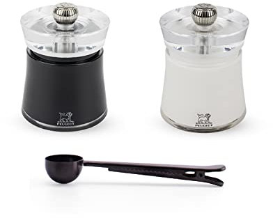 Peugeot Bali Acrylic White & Black Salt & Pepper Mill Gift Set 3.15 - With Stainless Steel Spice Scoop/Bag Clip