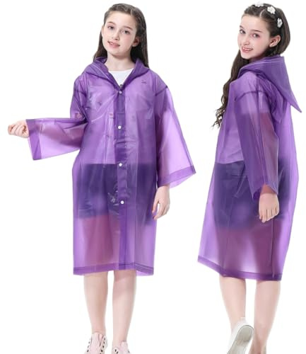 Kids Rain Poncho (2 Pack), Reusable EVA Children Raincoat for 6-13 Girls Boys, Waterproof Long Rain Jackets with Hood (2 Purple)