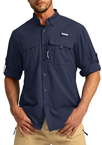 Men's Sun Protection Fishing Shirts Long Sleeve Travel Work Shirts for Men UPF50+ Button Down Shirts with Zipper Pockets(Navy Large)