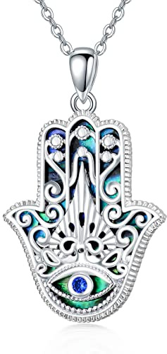 ROMANTICWORK Collier Main de Fatma en Argent Sterling Pendentif Collier Mauvais œil Fatima Amulette Bijoux Coquille d'Ormeau Cadeaux pour Femme Fille