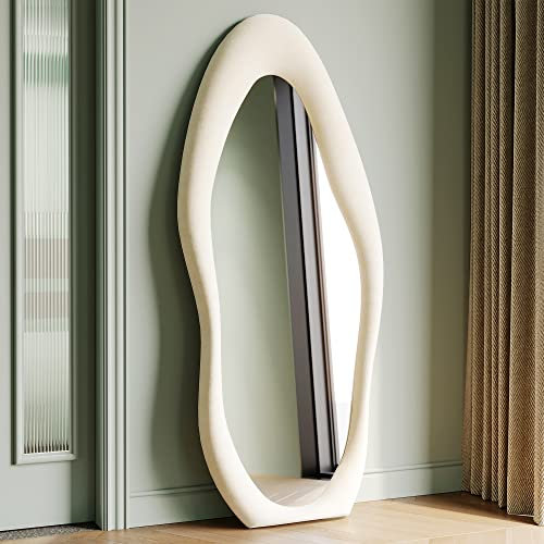 Honyee Full Length Mirror, 63 x 24 Wall Mirror, Flannel Wrapped Wooden Frame Full Body Mirror, Irregular Wavy Mirror Hanging or Leaning Against Wall for Cloakroom/Bedroom/Living Room, Ivory White