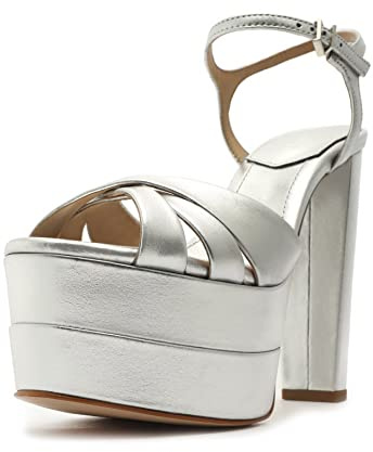 SCHUTZ Women's Keefa Platform High Heel Sandal, Silver, 7 UK