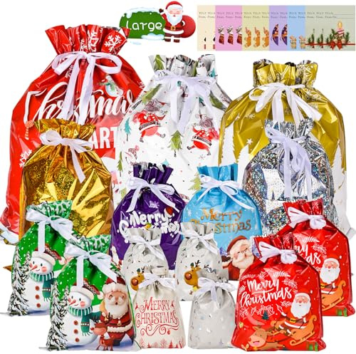 Bolsas de regalo navideñas con cordón, 15 bolsas de regalo navideñas con 15 etiquetas, 7 diseños, 5 tamaños, bolsas de regalo grandes o pequeñas, bolsas reutilizables para regalos navideños