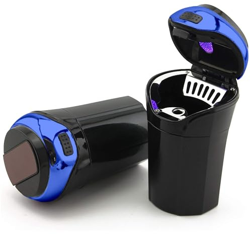 TAKAVU 1-Pack Car Ashtray, Detachable Stainless Lid, LED & Lighter (Blue)