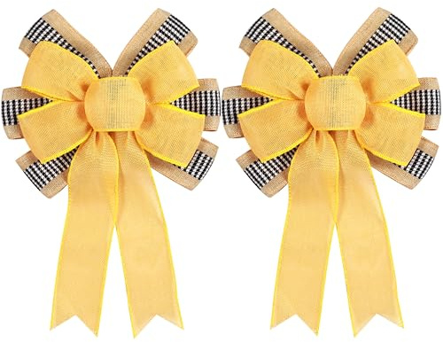 2 PCS Spring Summer Wreath Bow Decor,Decorative Bow with Yellow Burlap and Black White Stripe Ribbon for Holiday Tree Topper Home Front Door Outdoor