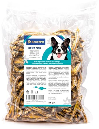 AnnonPet® Poisson séché pour Chiens Snacks naturels sans Gluten, idéal comme Prime pour la Formation du Chien. Mâchoires pour Chiens. Maxi Taille 500 grammes