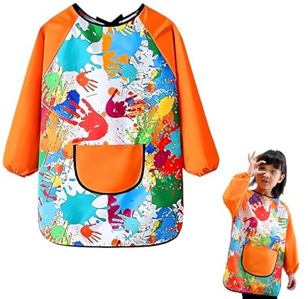 DHWEKU Babi Escolar Infantil, Delantal Niños, Delantal Infantil, Bata Escolar Pintura Impermeable Manga Larga Bolsillo Tira Espalda Guardería Colegio Escuela Casa, Niño Niña 7 8 9 10 11 Años