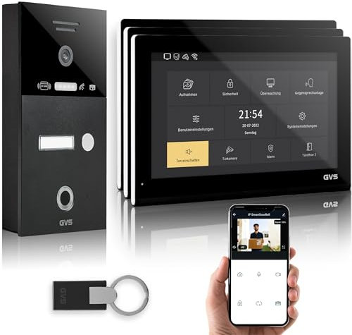 GVS - IP Video Türsprechanlage mit Türöffner, Fingerprint & RFID, HD Kamera, 3X 10 Zoll Monitor & App - Smarte Video Türklingel mit Kamera & Gegensprechanlage für 1 Familienhaus (AVS5547A)