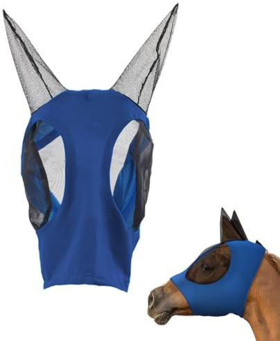 Máscara contra moscas para caballos, máscara para caballos con protección para los oídos, máscara transparente malla fina para moscas, malla transpirable, estándar protección UV, azul