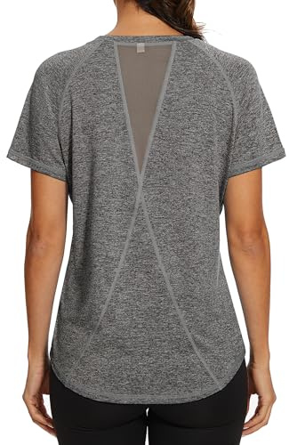 Gyabnw Camiseta Deportiva para Mujer Camisetas de Gimnasia Espalda Malla Ajuste Holgado Yoga Camiseta para Correr Ligera Que Absorbe la Humedad Cuello Redondo Manga Corta para Damas