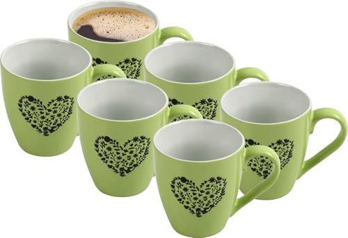 LAVV HOUSEWARES LTD Large Ceramic Tea Coffee Cup 500ml Heart Design 6pk (Light Green)