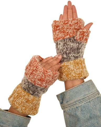 Pachamama kvinnor mjuk ull mohair hand handledsvärmare foder fria handstickade färgade band design en storlek handgjord tumhål termisk extra varm rättvis handel, Jorden, en storlek