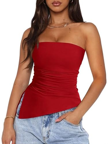 Sukiglam Tubo Tops Donna Estivi Elegante Senza Maniche Canotte Sexy Senza Spalline Y2k Top a Fascia Elastica Slim Fit Backless T-Shirt Orlo Asimmetrico con Spacco Laterale